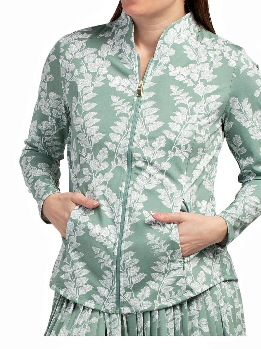 Laura Ashley Sage Green Leaf-Print Zip Jacket size small